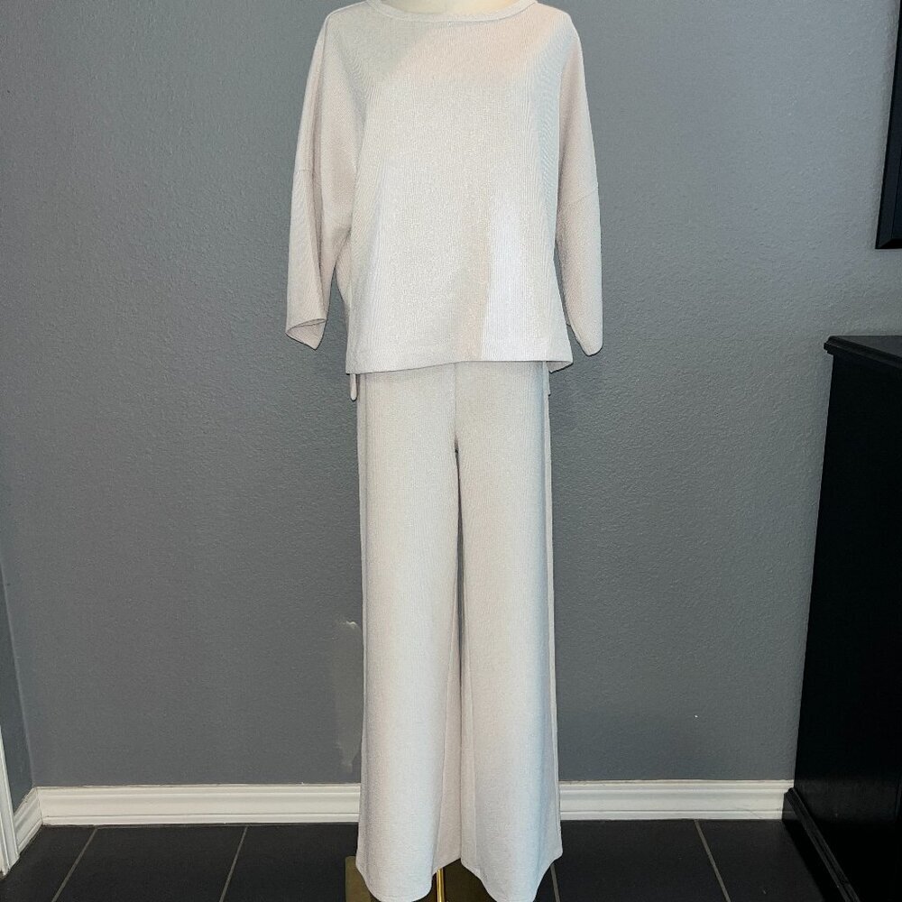 JOIE WIDE LEG BELL SLEEVE 2 PIECE KNIT LOUNGEWEAR SET - OATMEAL - EUC - SIZE S